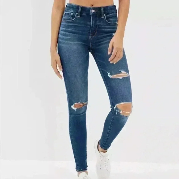 American Eagle Distressed Rip Faded Super Stretch Highrise Jegging Jean Size 18L - Picture 1 of 15